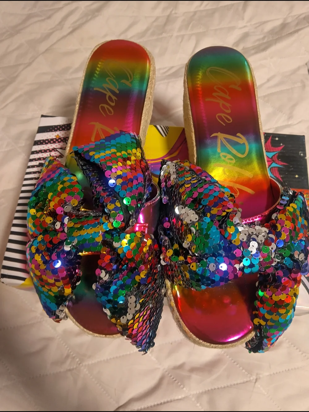 Cape Robbin Rainbow Sequin Bow Espadrille Slide - Multicolor